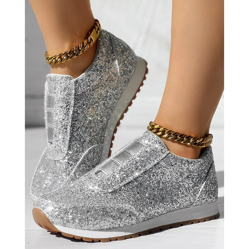 Women Bling Sequin Decor Round Toe Platform Sneakers Autumn Women Casual Daily Flats Shoes 2024 Korean Style Spring Autumn