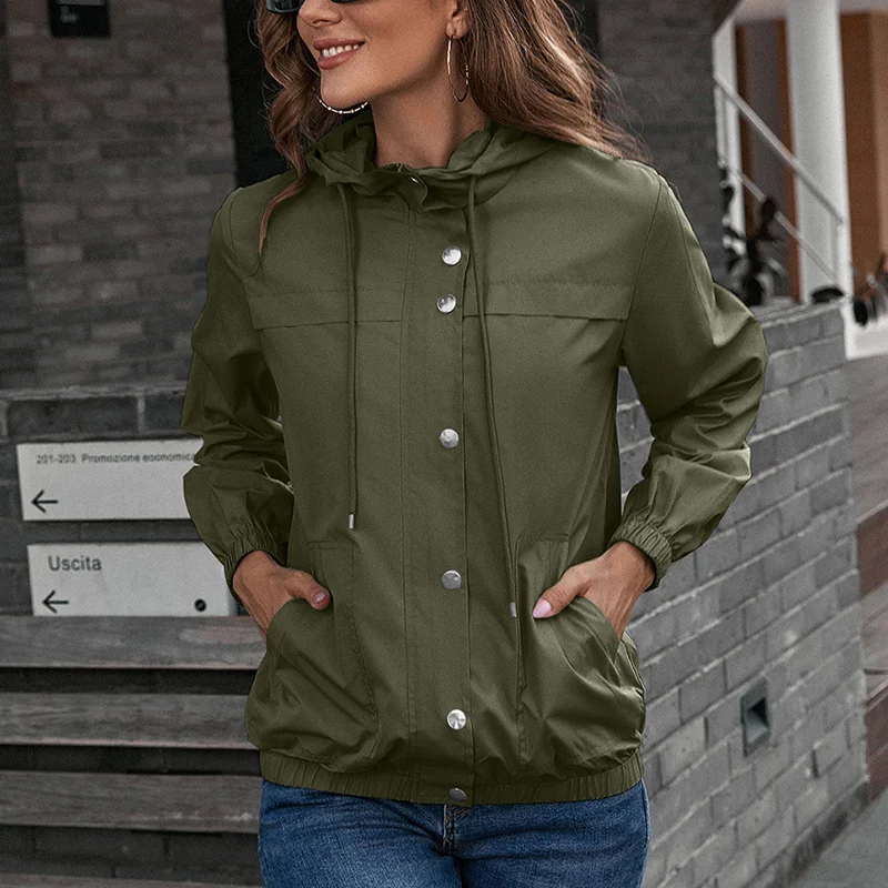 Spring Autumn Casual Fashion Hooded Sweatshirt Ladies Long Sleeve Buttons Cardigan Jacket Women Solid Color All-match Coat Top