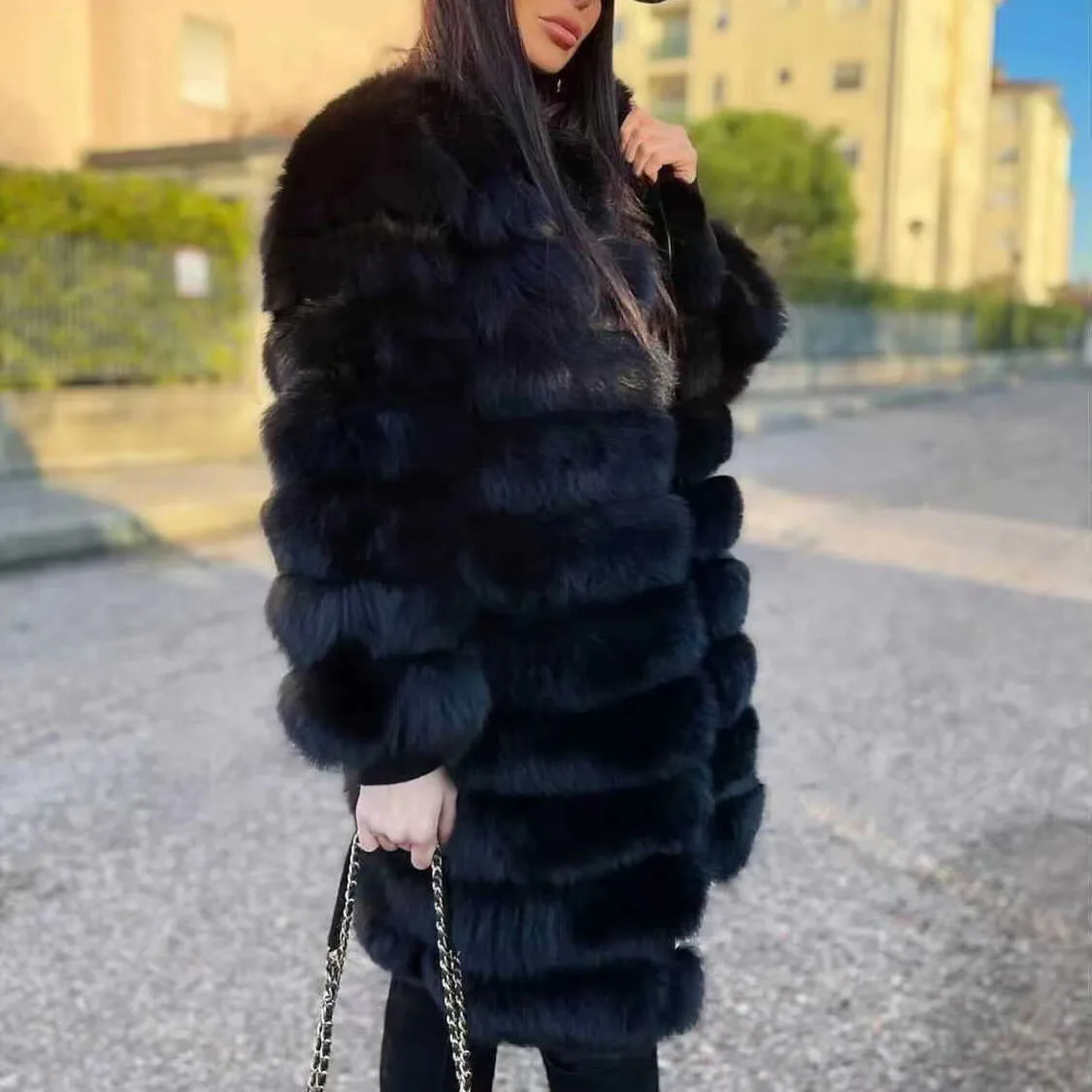 Women's long natural real fur coat high-quality black real fox fur coat warm fur long women's winter jacket Removable sleeves high quality luxury women real fur coat winter jacket long natural fox fur vest real sheepskin leather hood thick warm overcoat