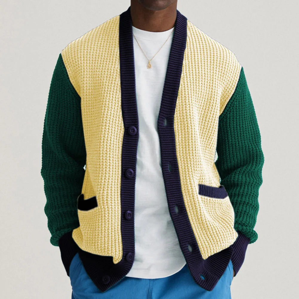 

Winter Mens Long Sleeve Button Down Knit Casual V-Neck Cardigan Sweater Colorblock Pockets Casual Men's Sweater Cardigan Jacket