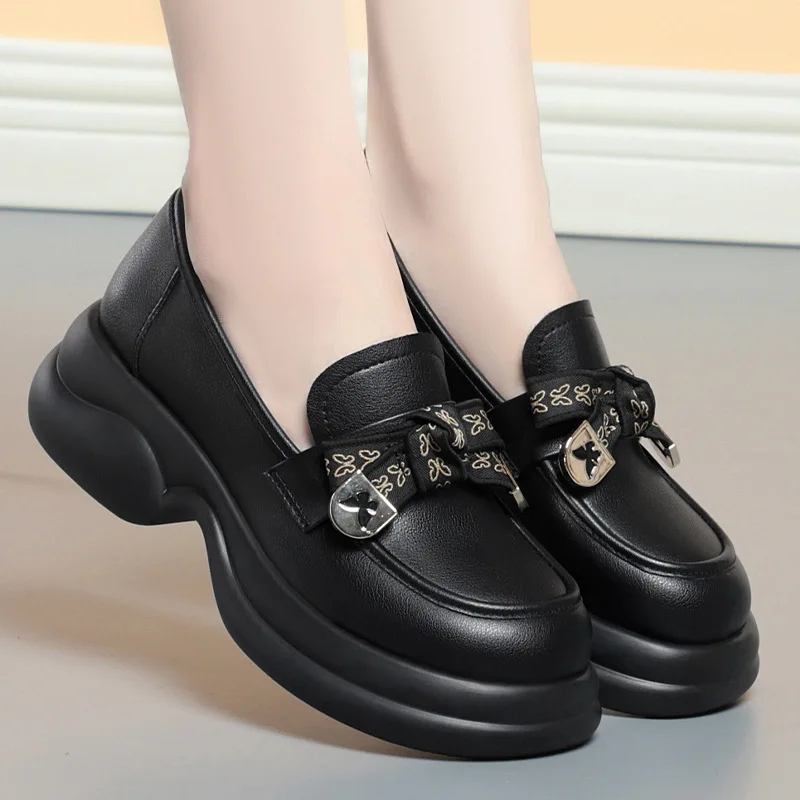 

British Style Women's Loafers High Quality Soft Leather Mary Jane Shoes Retro Round Toe Lolita Platform Slip On Flats Elegant