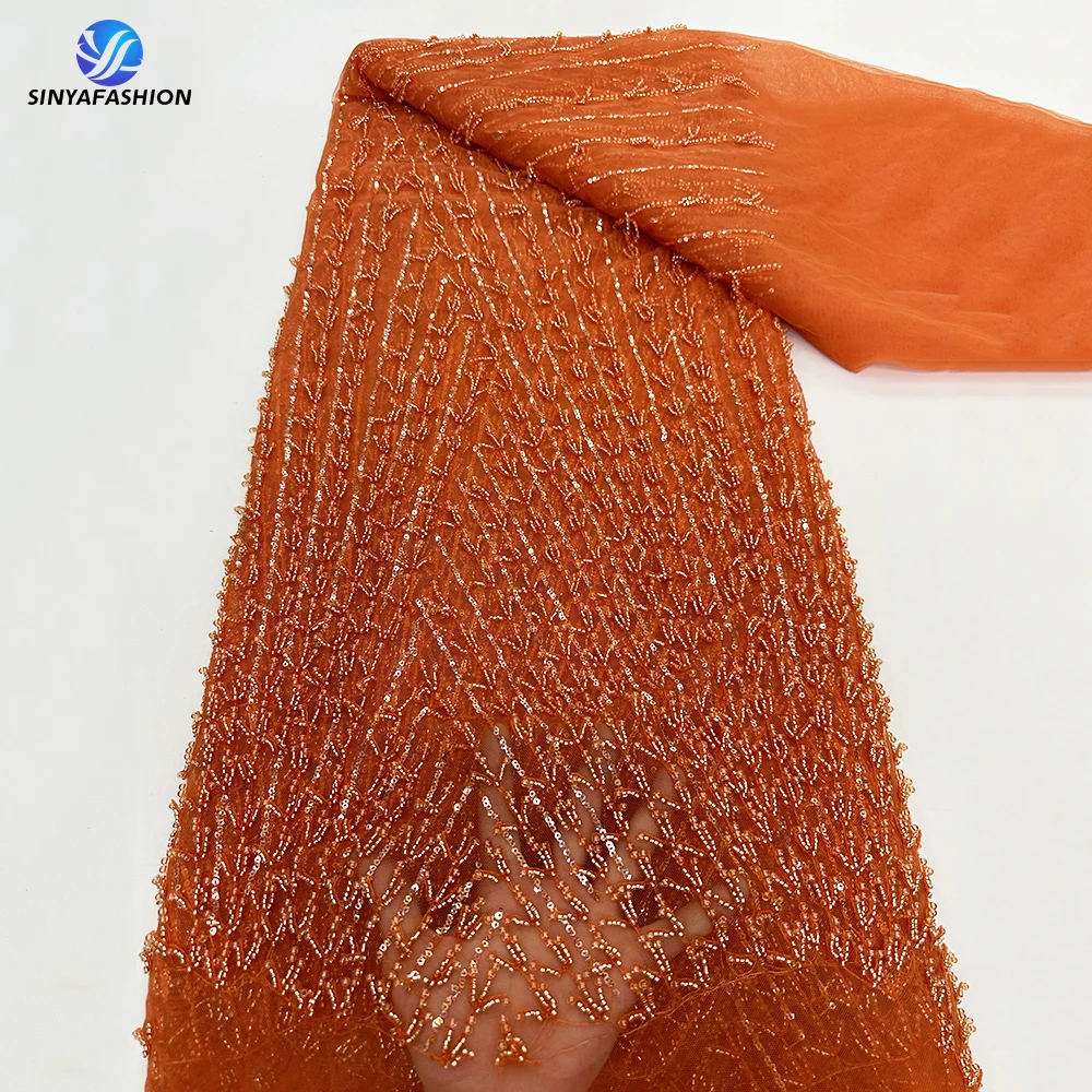 

Sinya Nigerian Sequins Beaded Lace Fabric Luxury Orange Embroidery French Tulle African Lace Fabric For Wedding Party 5 Yards
