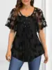 Plus Size Women T shirt Casual Solid Butterfly Lace Flutter Sleeve Lace-Up Tunic Blouse Two Piece Tops Short Sleeve Summer Tops