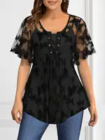 Plus Size Women T shirt Casual Solid Butterfly Lace Flutter Sleeve Lace-Up Tunic Blouse Two Piece Tops Short Sleeve Summer Tops