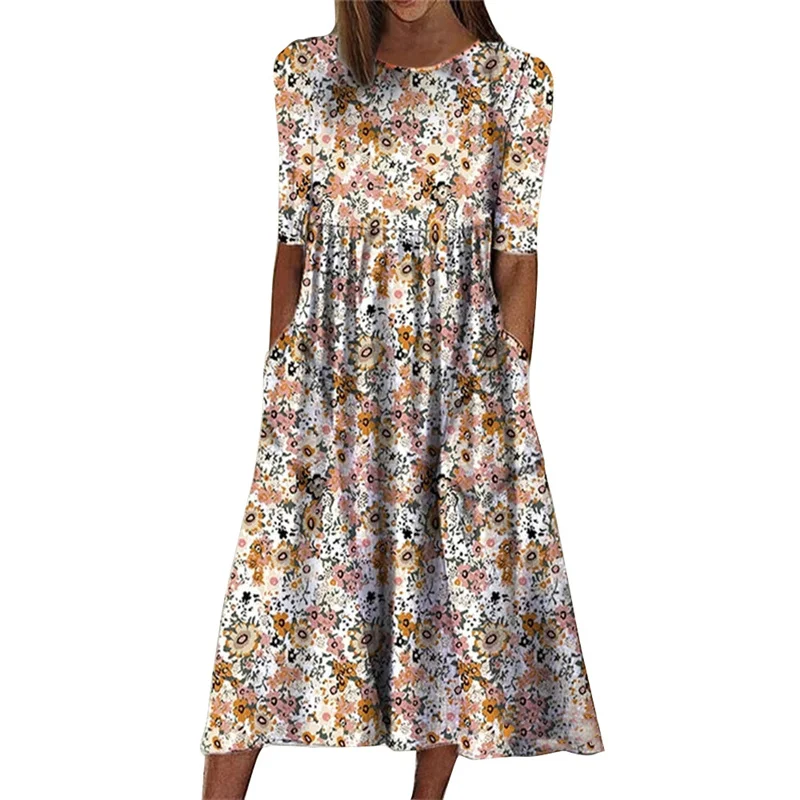 

2023 Spring Summer Vintage Printed Dress O Neck Pullover Midi Sleeve Dresses Women Casual Loose Pocket Bohemian Robe Large Skirt
