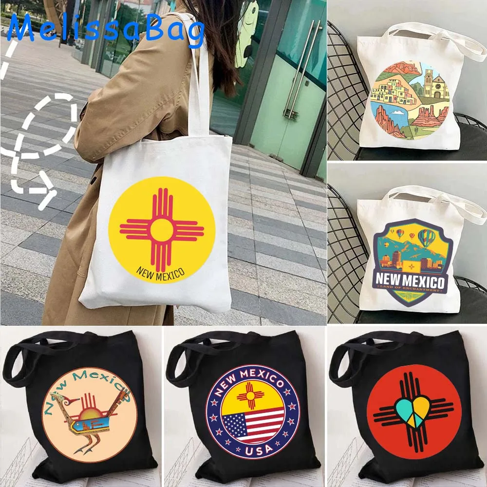 Retro Apollo New Mexico State Round Emblem Route 66 Flag Map Heart Flowers Zia Sonne Canvas Tote Bag Cotton Shopper Handbag