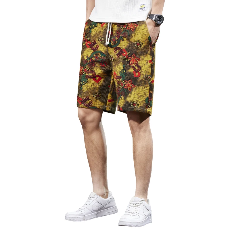 2024 Summer New Chinese Style Printed Beach Pants Men's Loose Trendy Capris Street Leisure Outdoor Shorts 6