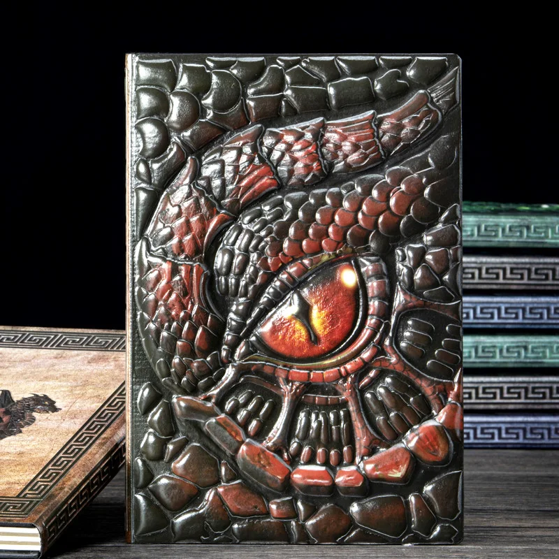 A5 Notebook,3D Loong Eyes Embossed Retro Hardcover Leather Cover,100 Sheets/Book,Horizontal Line Inside Office Learning Diary