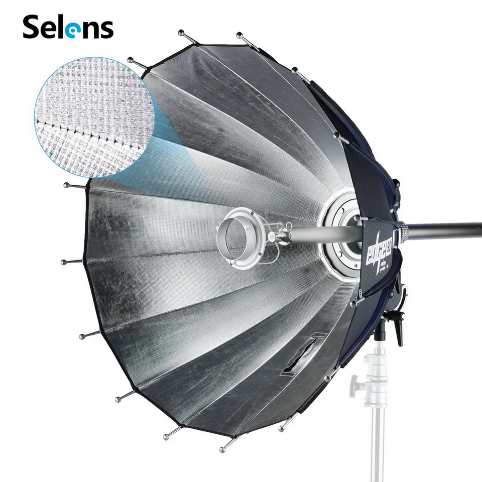 Selens EDGE 120cm 포물선 우산 소프트 박스 리플렉터, 확장 가능한 반사 브래킷 포함, 전문 사진 작가용 보웬