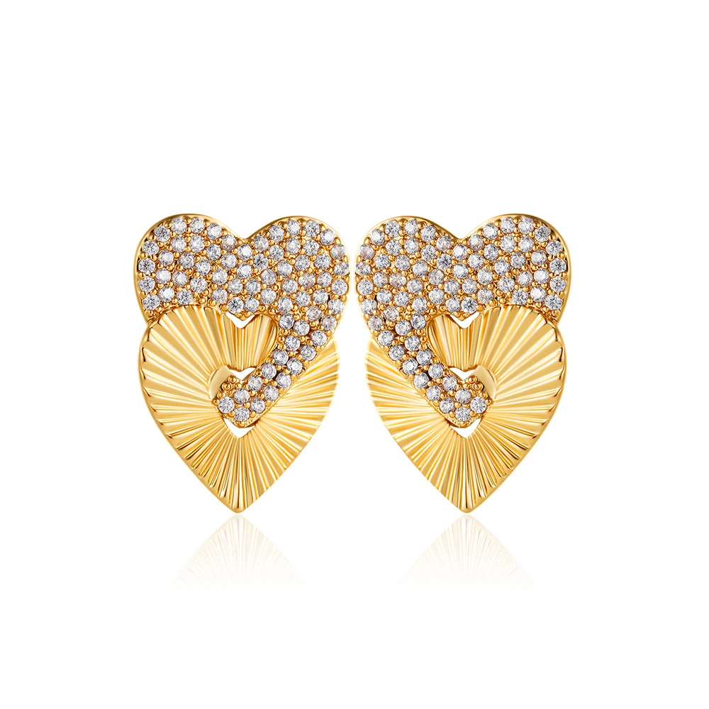 Italian Designer's Style Double Love Heart Shiny Crystal Studs Creative 18K Gold Plated Hypoallergenic Textured Earrings Gifts