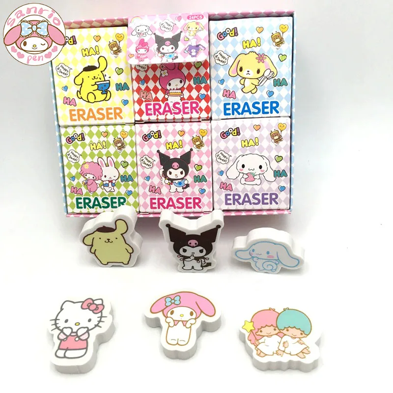 

Authentic Sanrio Cartoon Eraser 12/24pcs Pochacco Hello Kitty Kuromi Kawaii Stationery Pupil Cute Clean Less Debris Eraser Boxed