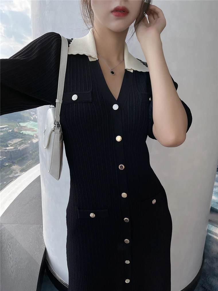 Autumn Elegant Knitted Dresses for Women Patchwork V-neck Puff Sleeve Single Breasted Midi Dress Fashion Ladies Vestidos Femme