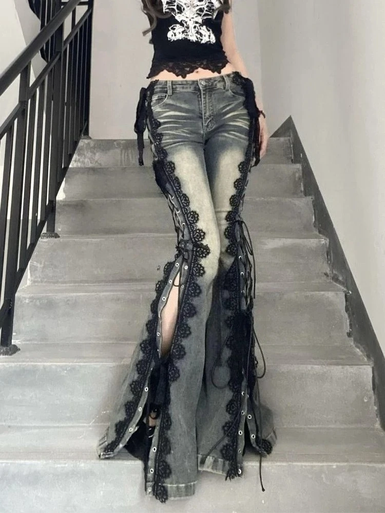 Women's Black Lace Strap Slit Skinny Jeans Personalized Trousers