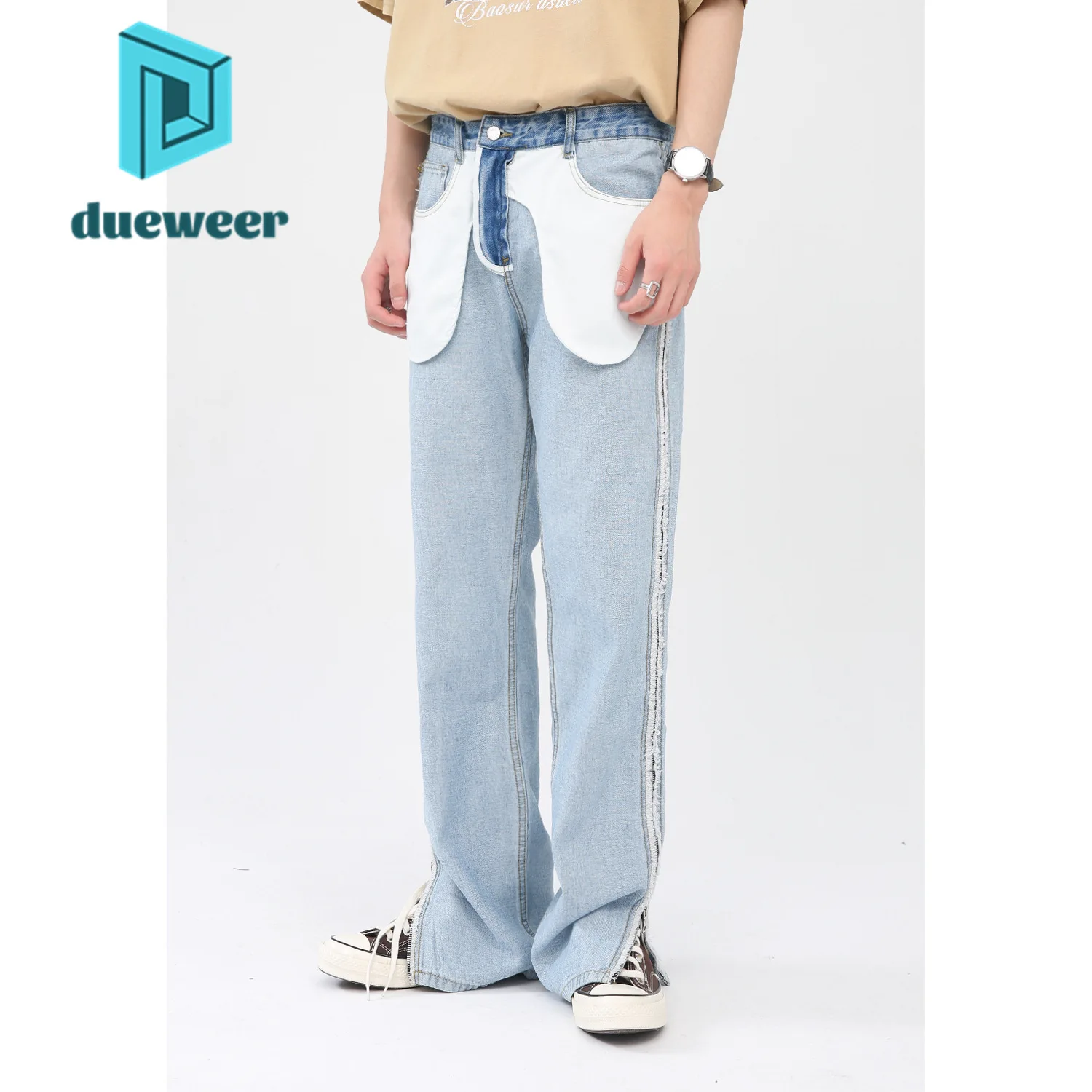 

DUEWEER Men's Korean Fashion Straight Reversible Jeans Hip Hop Slit Denim Pants Casual Baggy Trousers Punk Goth Streetwear