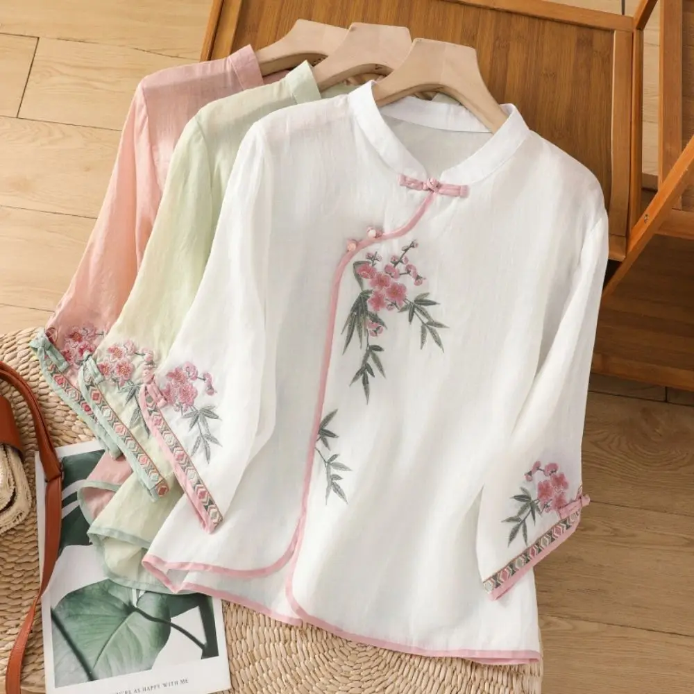 Fashion Chinese Style Short Sleeved Shirts Retro Loose Embroidered Floral Top Frog Button Stand Collar Cotton Linen Shirt Daily