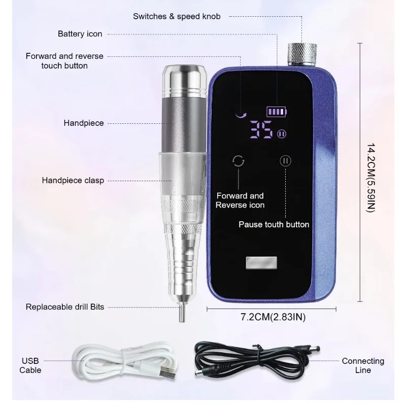35000RPM 휴대용 전기 네일 드릴 머신 LCD 디스플레이 충전식 네일 샌더 머신 네일 파일 페디큐어 도구