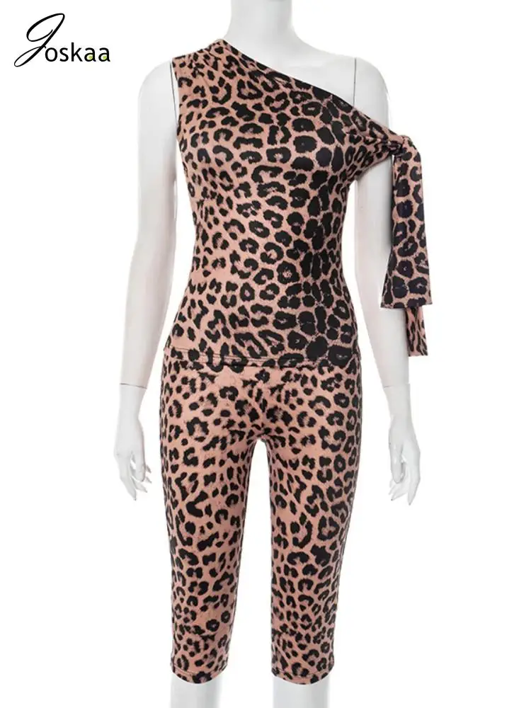 Joskaa Leopard Print 2 Piece Set Women Sexy One Shoulder Tie