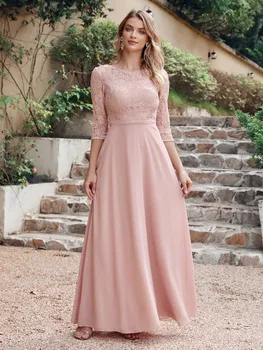 Lace Chiffon Long Bridesmaid Dresses Women A Line Illusion 3/4 Sleeve With Sashes Formal Evening Party Prom Gowns Robe De Soiree