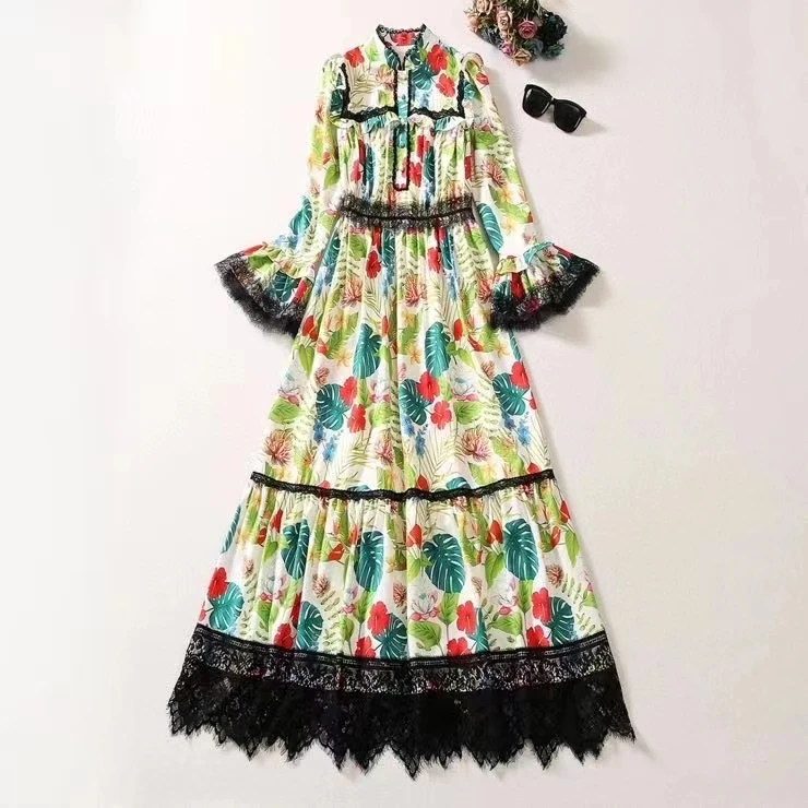 

European and American women's clothing 2023 autumn new Long sleeve horn sleeve Printed patchwork lace Fashion pleated dress XXL