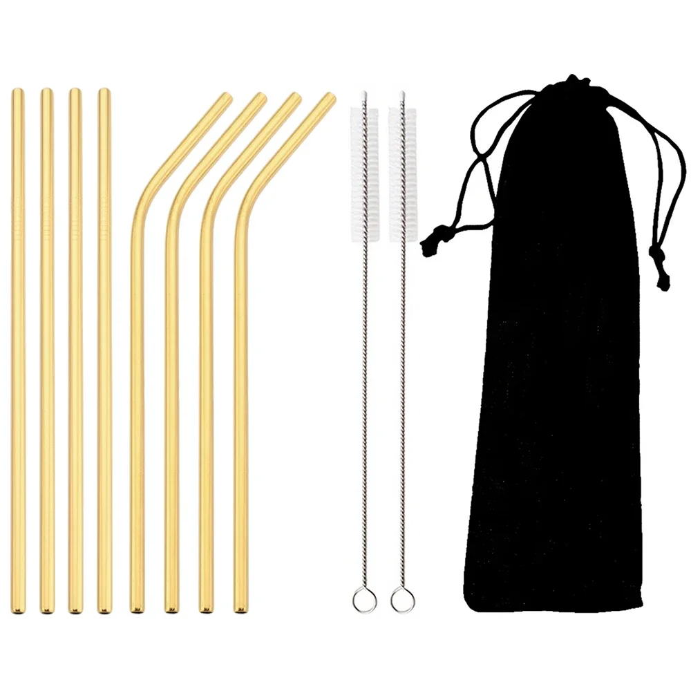 Elegant Gold Stainless Steel Reusable Straw Set with Cleaning Brush and Travel Bag