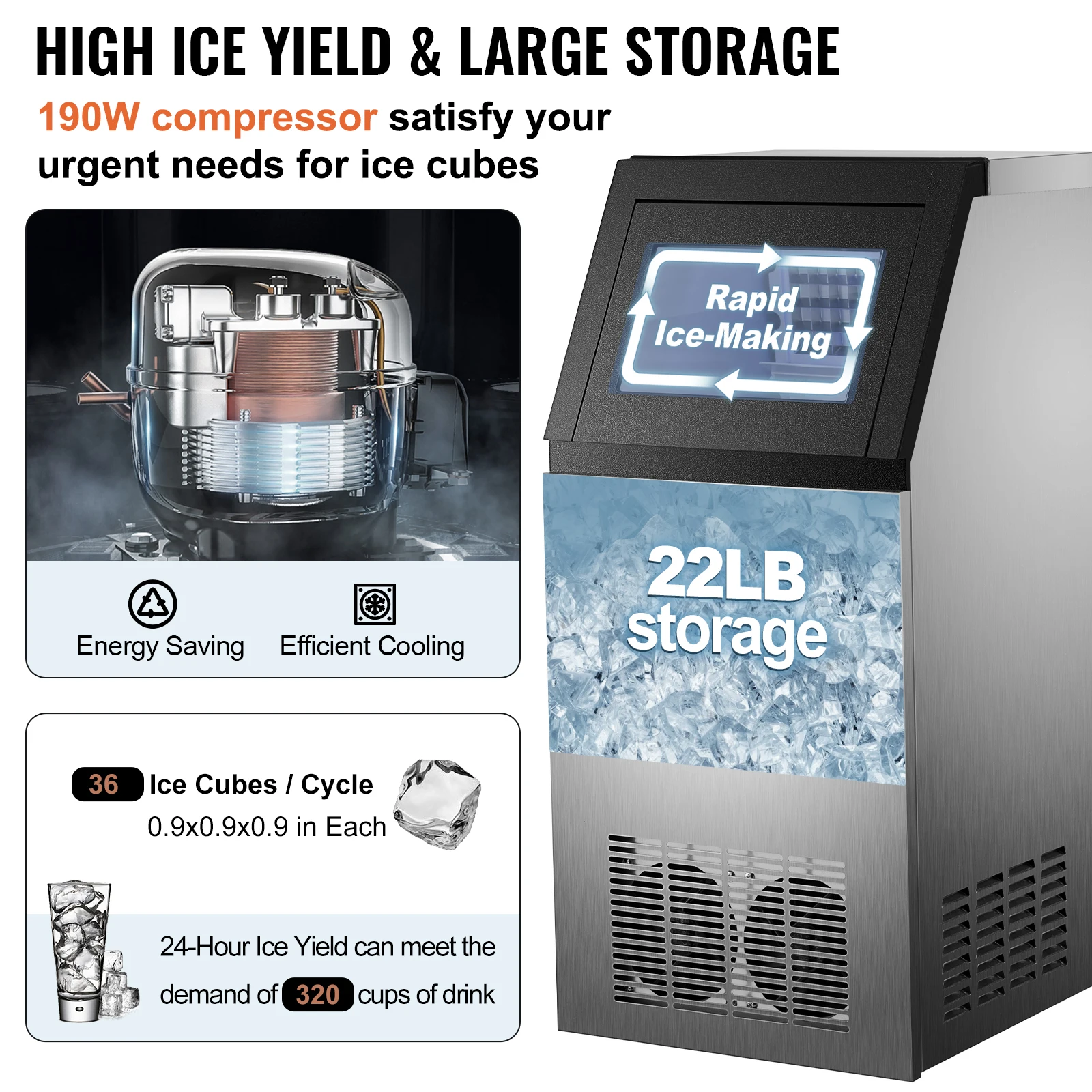 VEVOR 30KG 35KG 40KG 60KG/24H Commercial Ice Maker Ice Cube Machine High  Ice Yield & Storage Home Appliance for Bar Cafeteria
