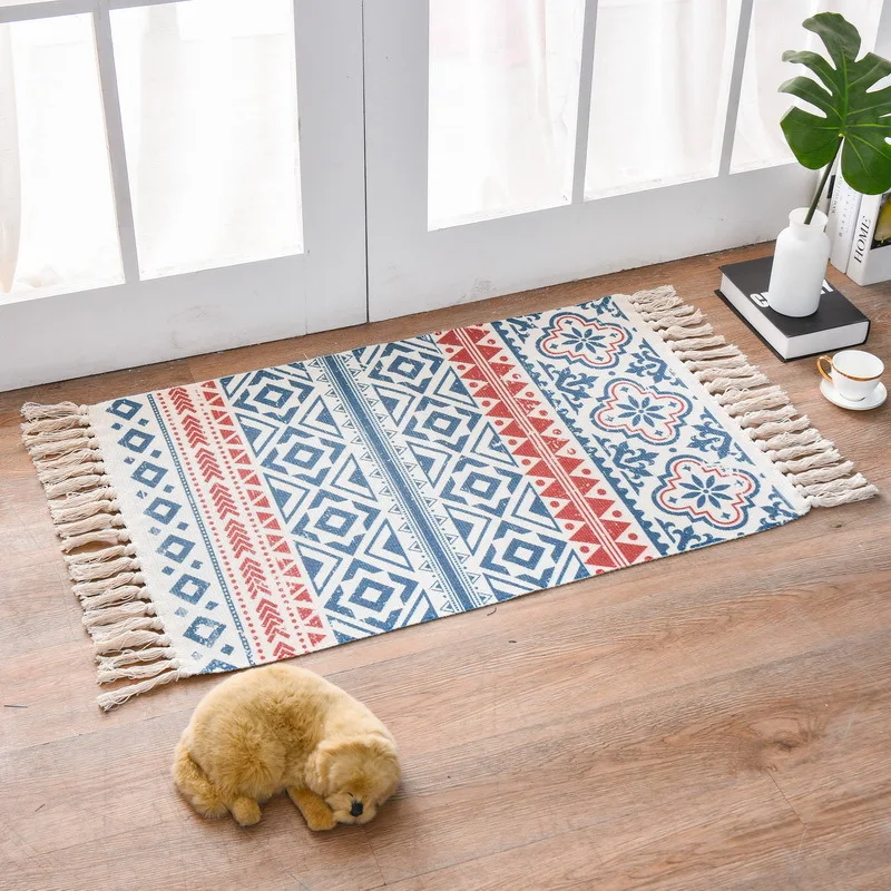 

Luxury Cotton Thread Woven Floor Mat Printed Tassel Floor Mat Home Living Room Bedroom Bedside Foot Thickened Anti-slip Carpet