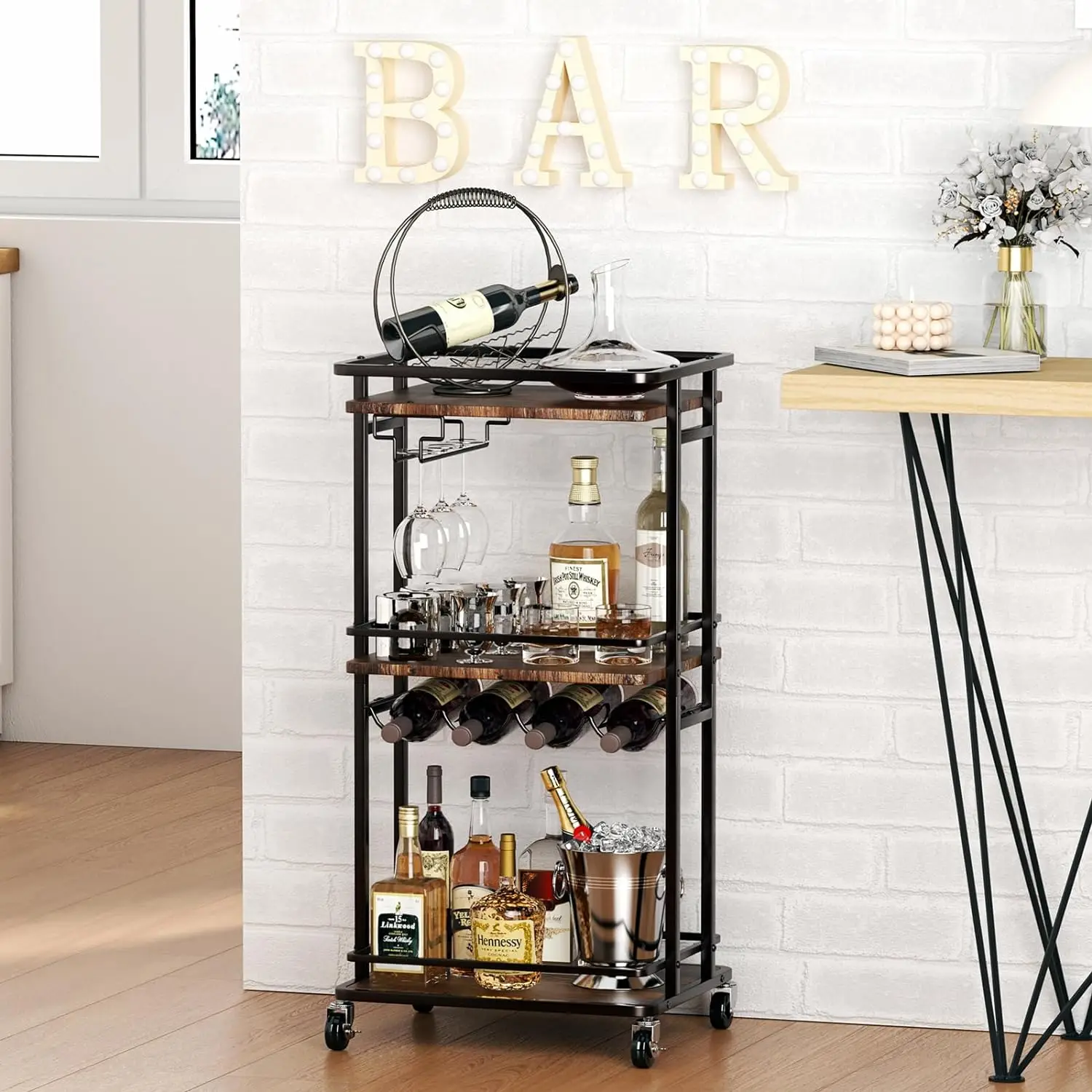 Bar Cabinets, Rolling with Wine Rack and Glass Rack, Used for Banquets,  Living Room Kitchen, Mobile Bar Cabinet