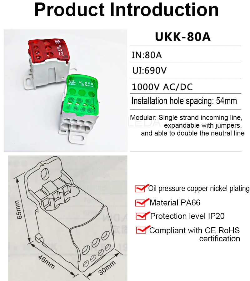 Description Picture 3 of item1Pcs Terminal Block UKK80A Din Rail 1 in Many Out Distribution Box Universal Electric Wire Connector Red Yellow Blue Green