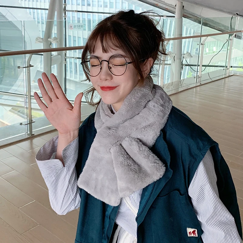 여성용 인조 토끼 모피 봉제 단색 부드러운 스카프, 크리스마스 선물, 목 칼라 따뜻한 물건, 겨울