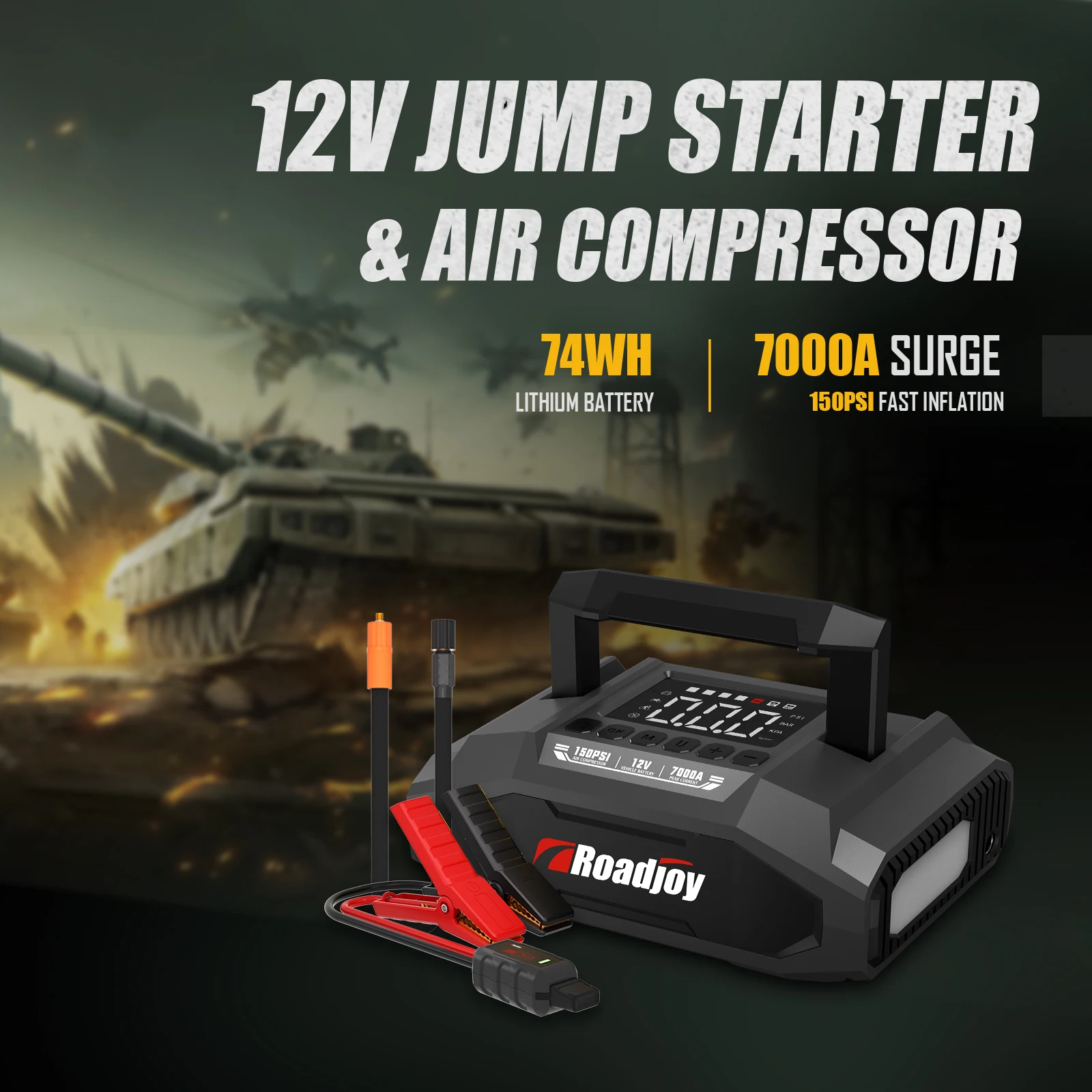 Roadjoy Car Jump Starter Compressore d'aria 5000A/7000A Caricabatteria Power Bank di emergenza Booster per 12V Benzina e Diesel - immagine 2