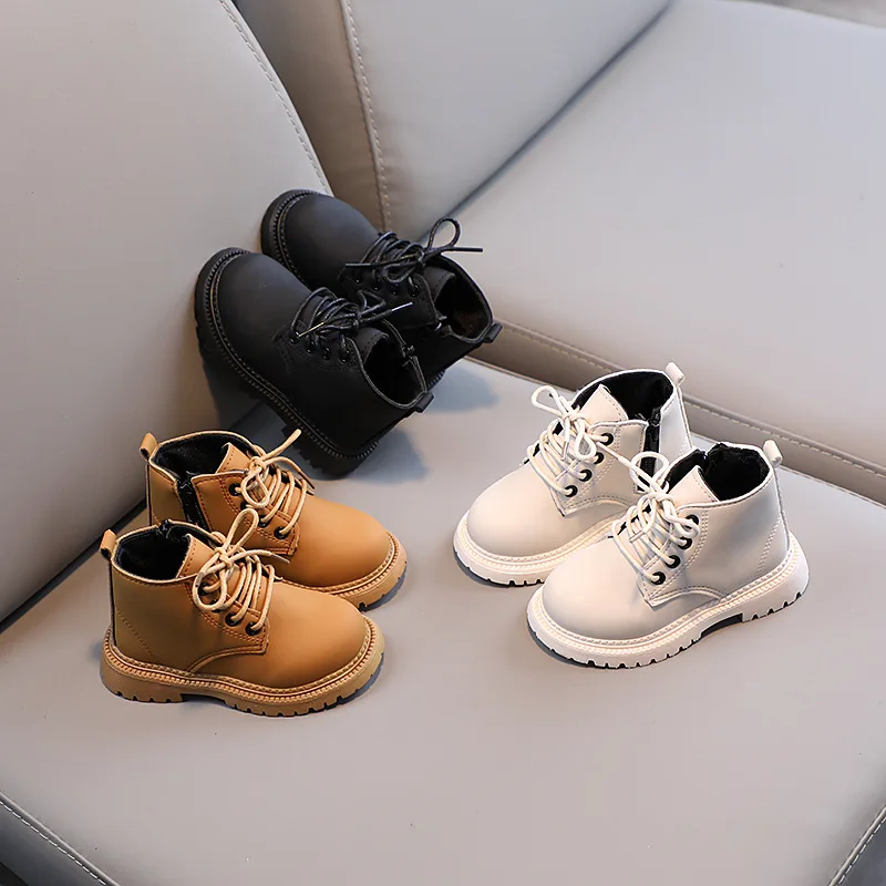 

Autumn Winter Boys' Low Barrel Warm Side Zipper Casual Single Boot Girls' Solid Color Front Lace Up Non Slip Flat Bottom Boots
