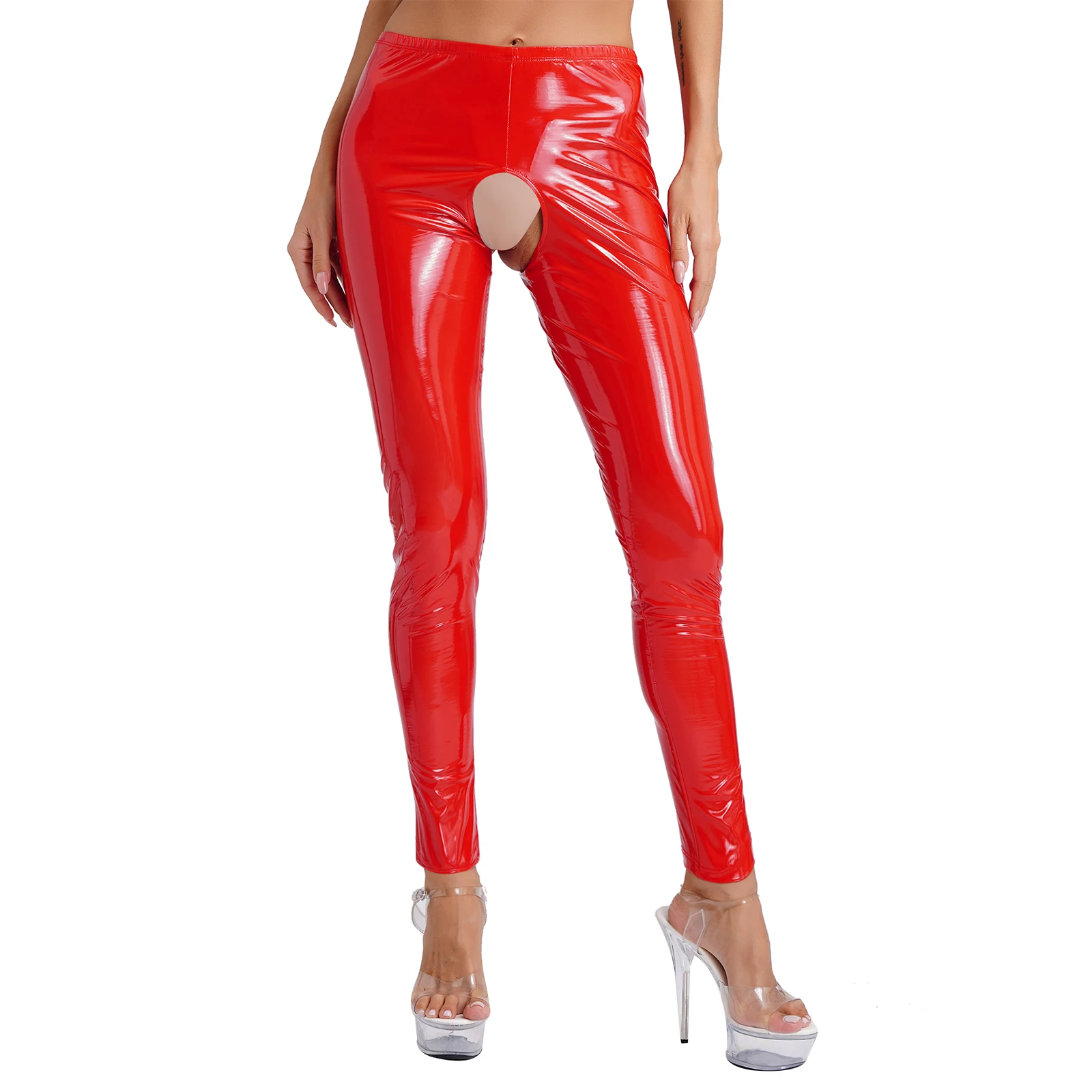 Sexy Women Patent Leather Crotchless Pencil Pants High Rise Elastic Waistband Shiny Tights Leggings for Lingerie Dirty Pajamas women lingerie set women leggings women crotchless shorts