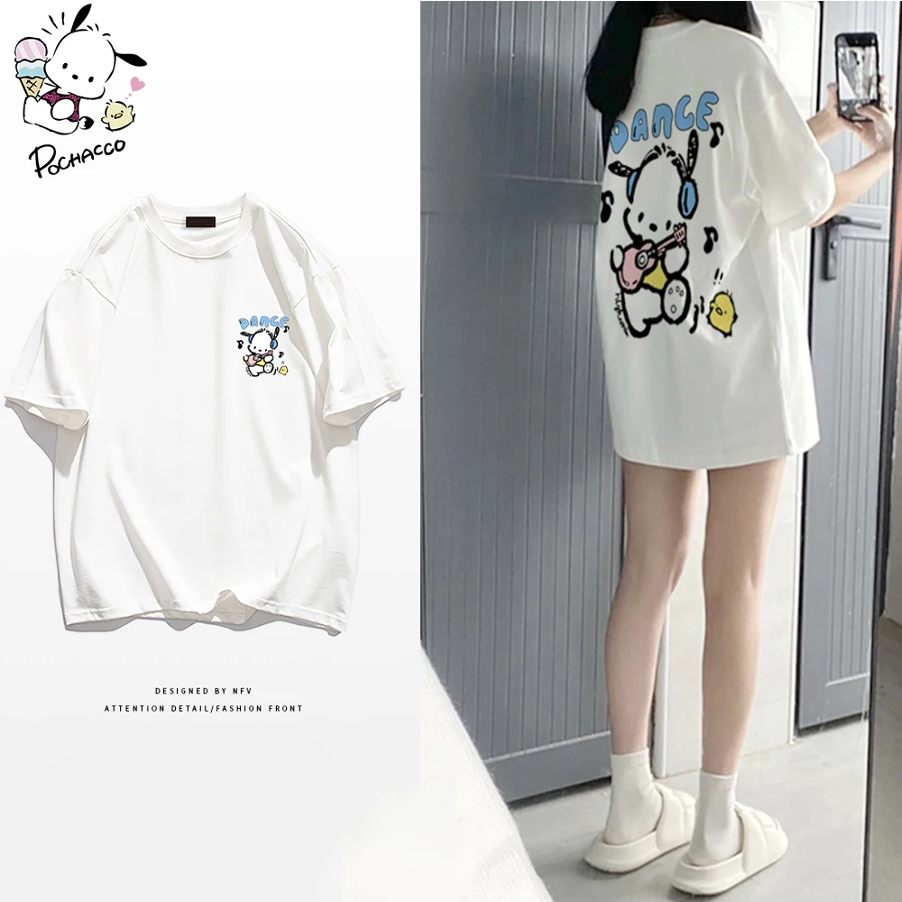 

Sanrios Anime T-Shirt Pochacco Clothes Kawaii 100% Cotton Top Loose Harajuku Vintage Girl Japanese Student Couple Outfit Fashion