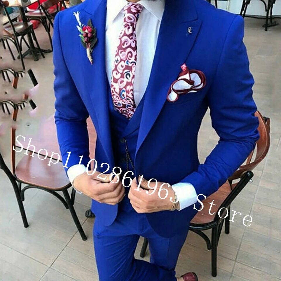 Royal Blue Male Suits for Wedding 3 Pieces Best Men Suits Groom Wear Wedding Tuxedos Blazer+Vest+Pants Costume Homme Mariage