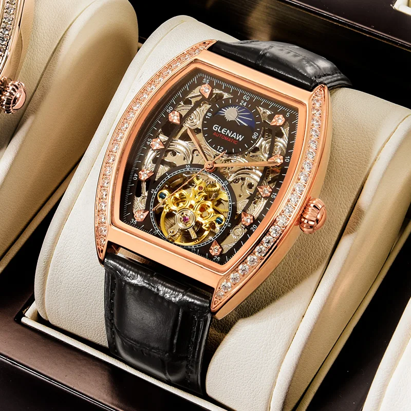 Automatic Watch Men's Luxury Brand Skeleton Design Barrel Tourbillon Fashion Business Waterproof Leather Clock 2022 NEW AA |
