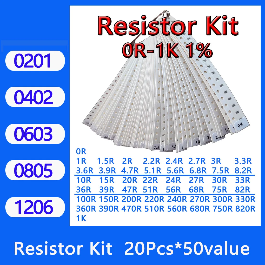 Resistor kit 0201 0402 0603 0805 1206 smd 50values*20PCS=1000PCS 1% Sample 1ohm 47ohm 1kohm 10kohm