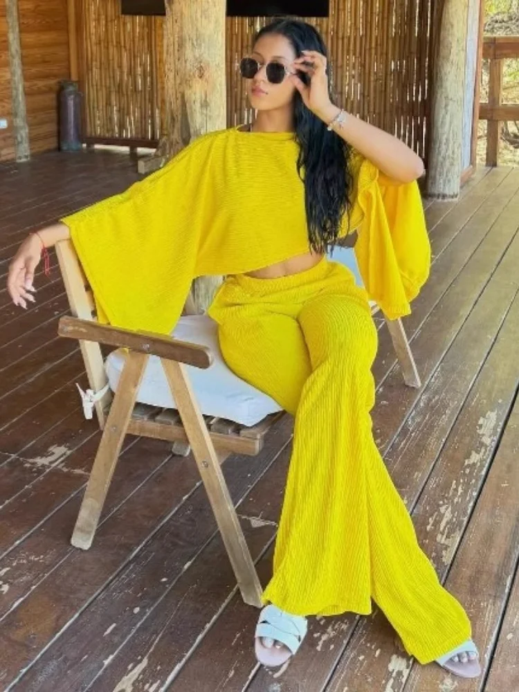 Wmstar Two Piece Set Women Wholesale Miyake Pleated Fashionable Elegant Shoulder Irregular Top Trousers Solid Color Casual Suit