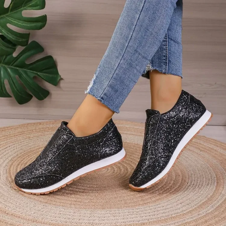 Luxury Women Loafers Causal Shoes Gold Silver Sequin Leather Shoes for Womens Four Season Slip-on Sneakers Women's Flat Shoes 3
