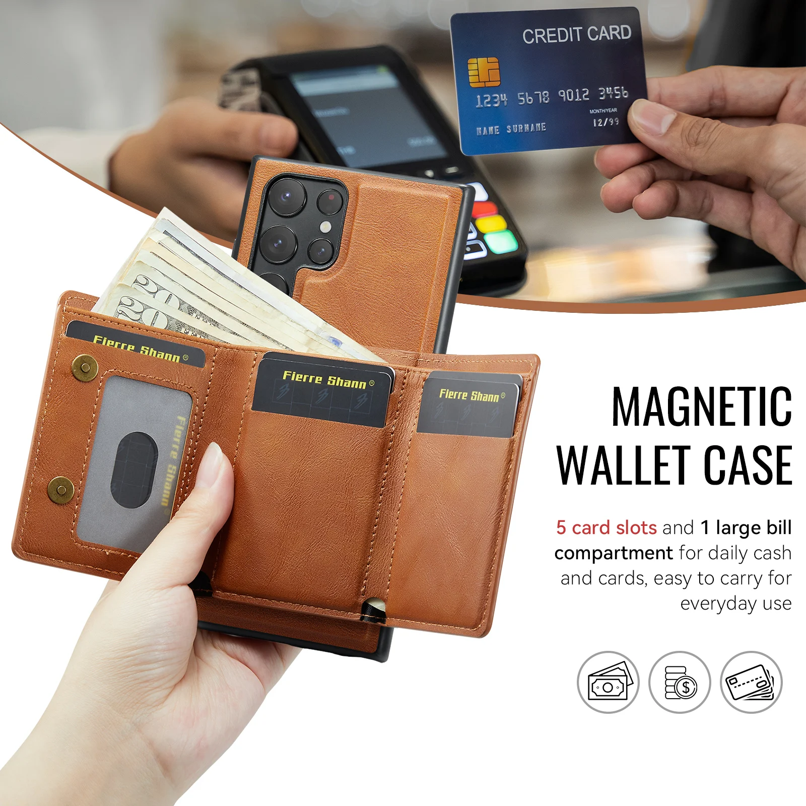 Magnetic Wallet Case with Wireless Charging and 5-Card Slot Holder