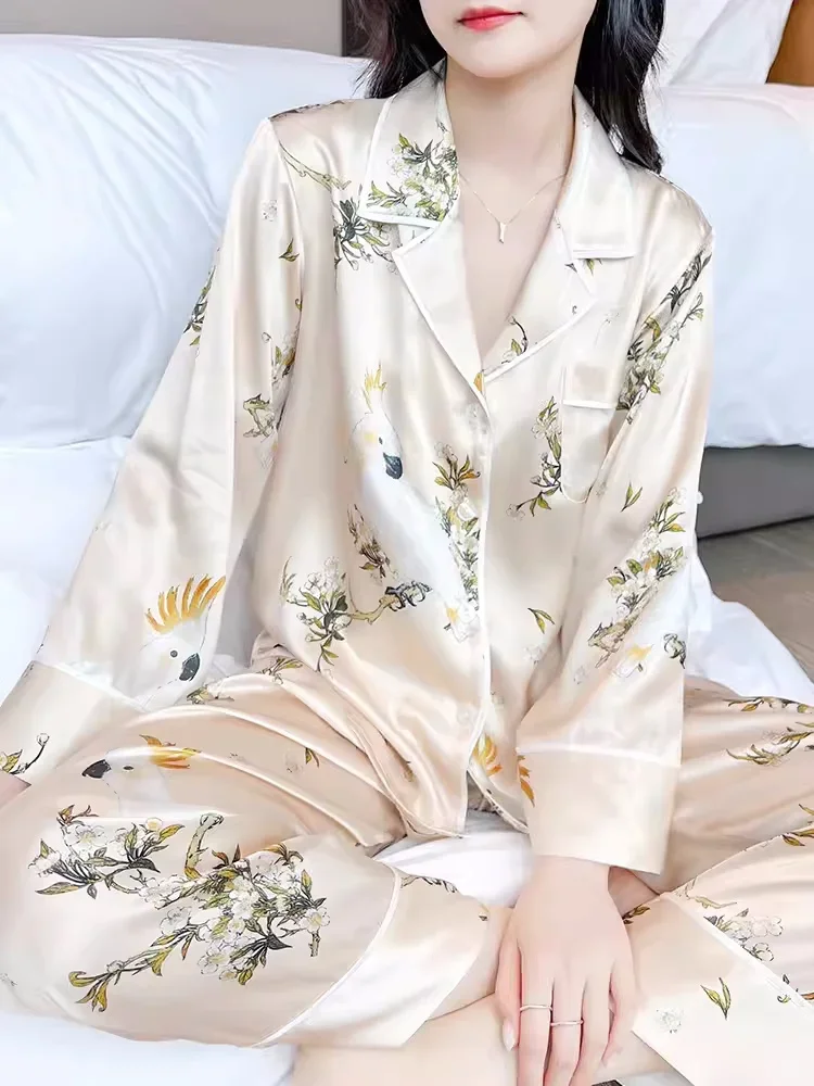 Printed Ladies Mulberry Silk pyjamas Tops & Pants Women Long Sleeve Soft Nightwear Female Loungewear Pure Silk Sleepwear Set - Image 5