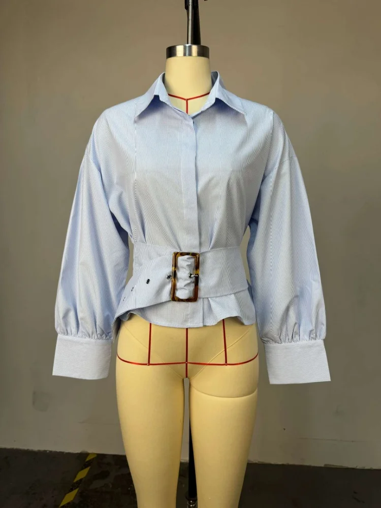 Wmstar Women Tops Wholesale New Design Style Lapel Cinched Waist Tie Short Striped Long Sleeved Shirt with Belt Drop Shopping