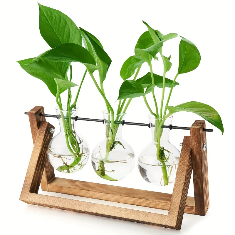 Recipiente de vidro para plantas com suporte de madeira, 3 plantadores de lâmpadas de vidro, estação de nutrição de plantas, presentes para amantes de plantas, vaso de decoração de casa