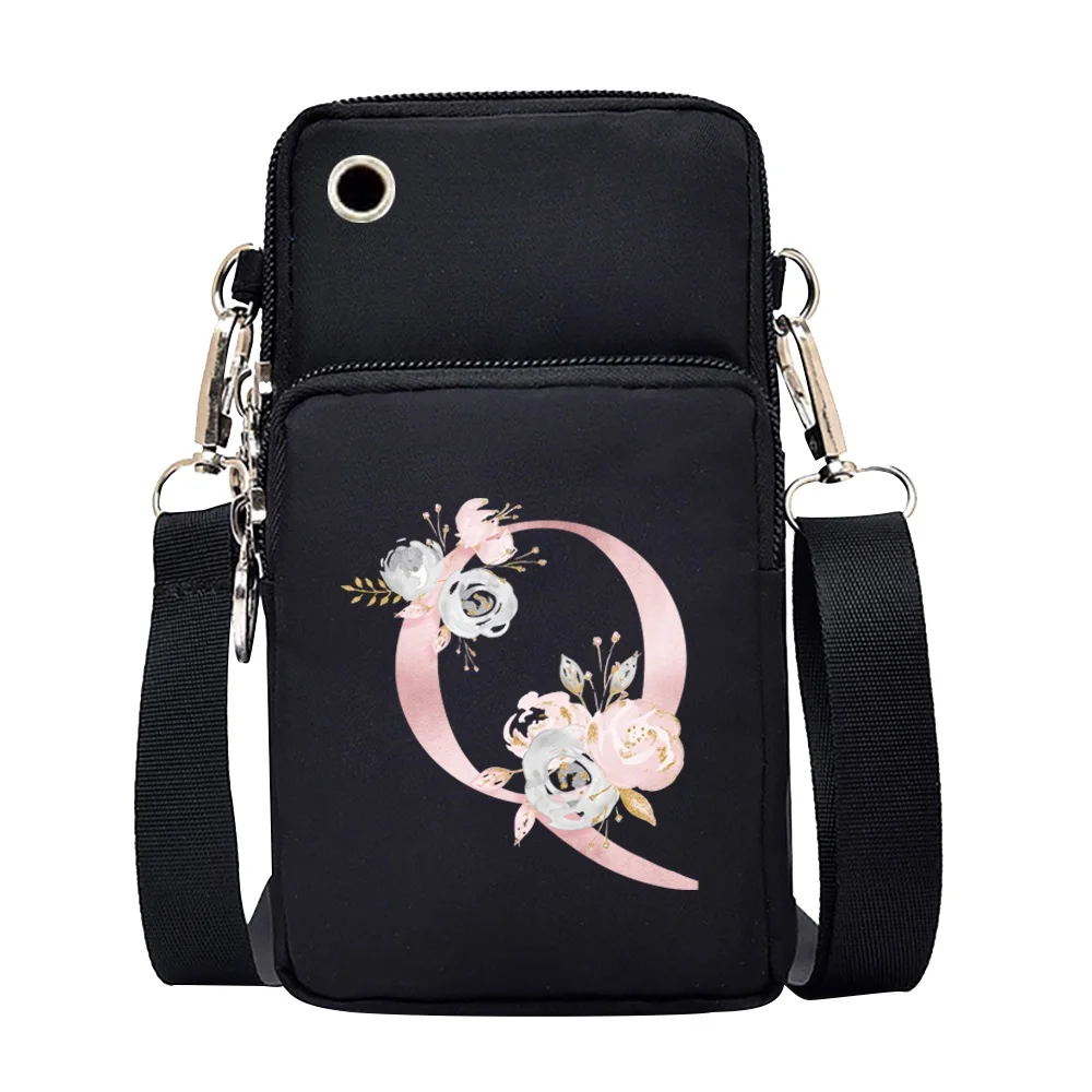 Waterproof Mobile Phone Bag for Iphone/huawei/xiaomi/samsung Universal Pink Flower 26 Letters Cell Phone Case Women Wrist Pack