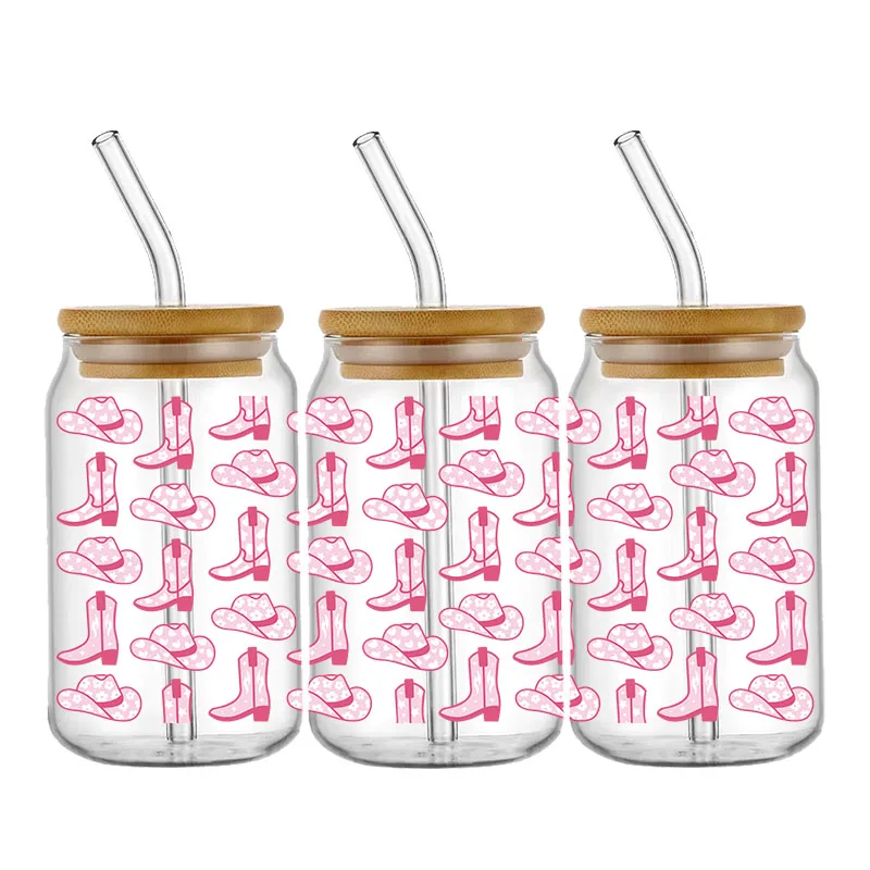 핑크 부츠 모자, 16OZ UV DTF 컵 랩 전사 스티커, 유리 리비 캔 병 자체 접착 세척 가능, DIY 커스텀