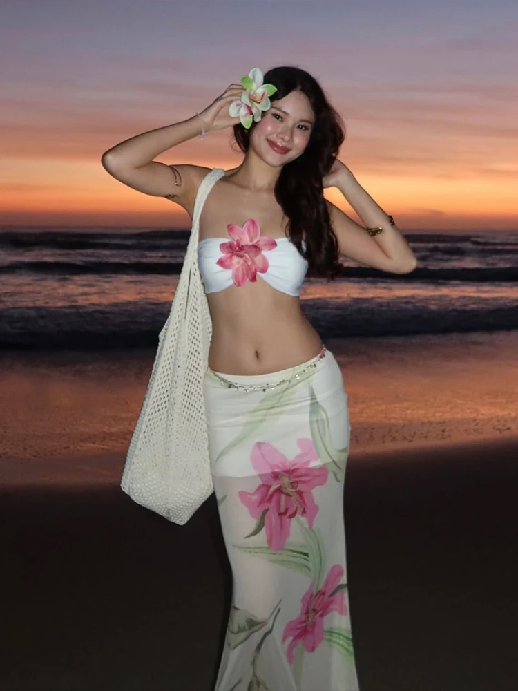 Nibber Pretty Women Two-Piece Set 3d Flowers Bandeau Mini Top+See Through Print Bottoms Thin Vacation Beach Party Matching Suits