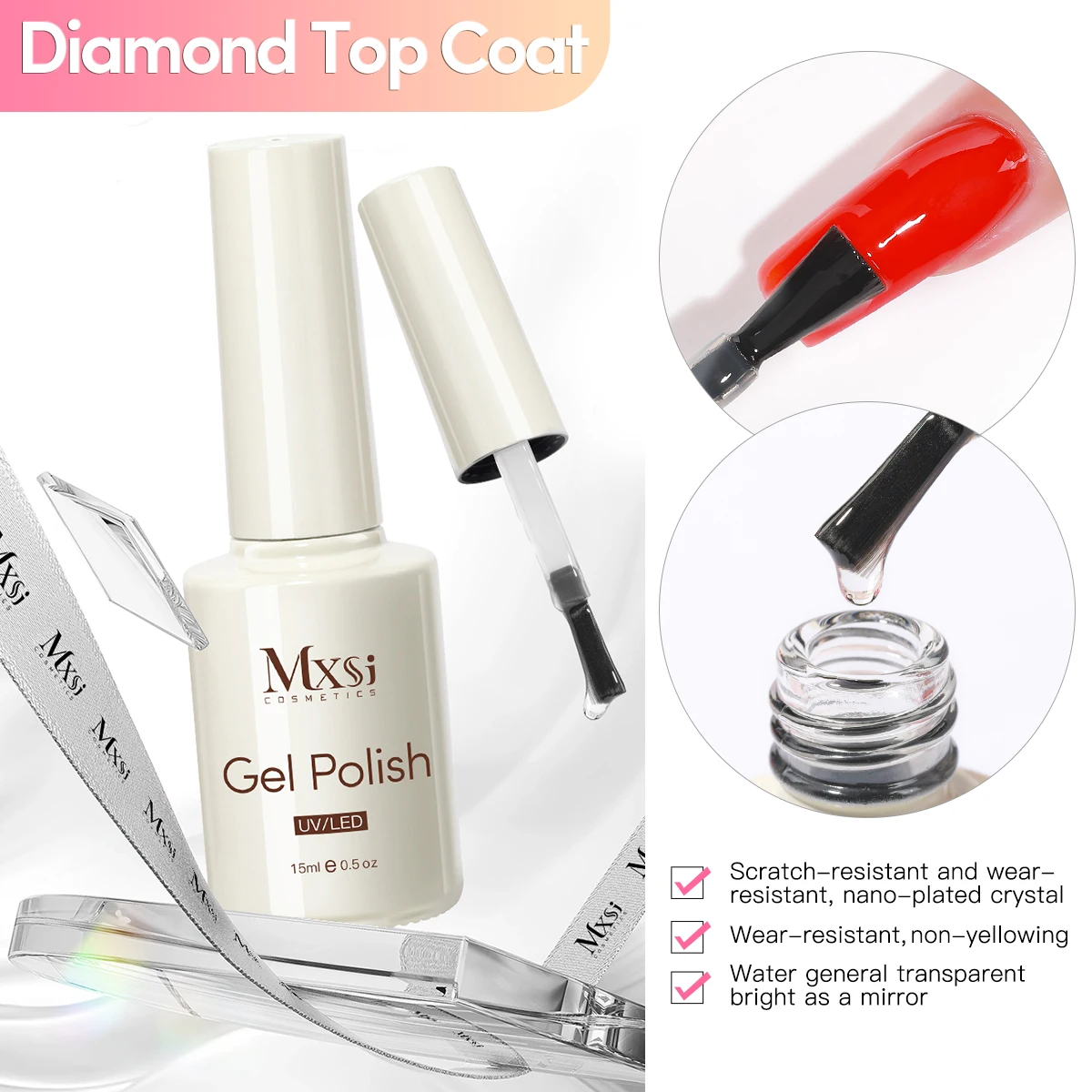 Mxsi 15ml Crystal Clear Rubber Base Gel Nail Polish Glitter Semi-Permanent Varnish Basecoat Self Leveling UV LED Top Coat Gel