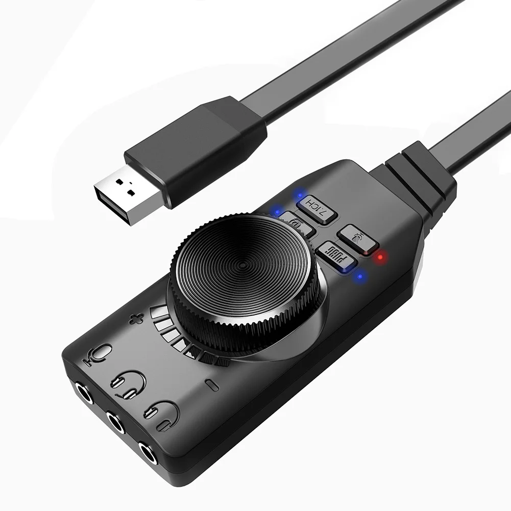 GS3 7.1 채널 USB 사운드 카드 어댑터 외부 볼륨 조절 가능 오디오 잭 케이블 음소거 스위치 조정(Windows용)