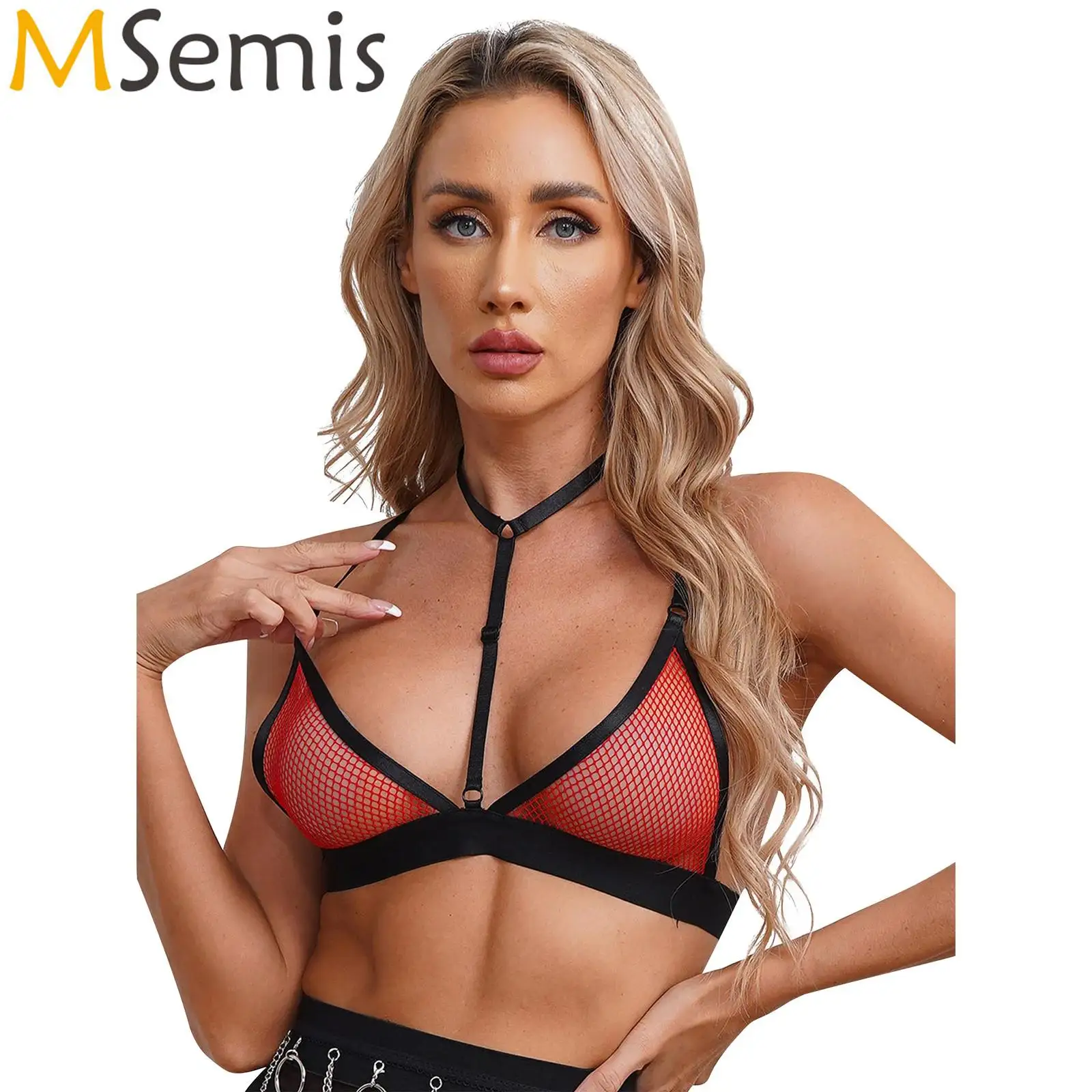 

Womens Halter Neck Triangle Cup Hot Bra Tops See-Through Fishnet Hollow Out Lingerie Bra Crisscross Clubwear Swimsuit Crop Top