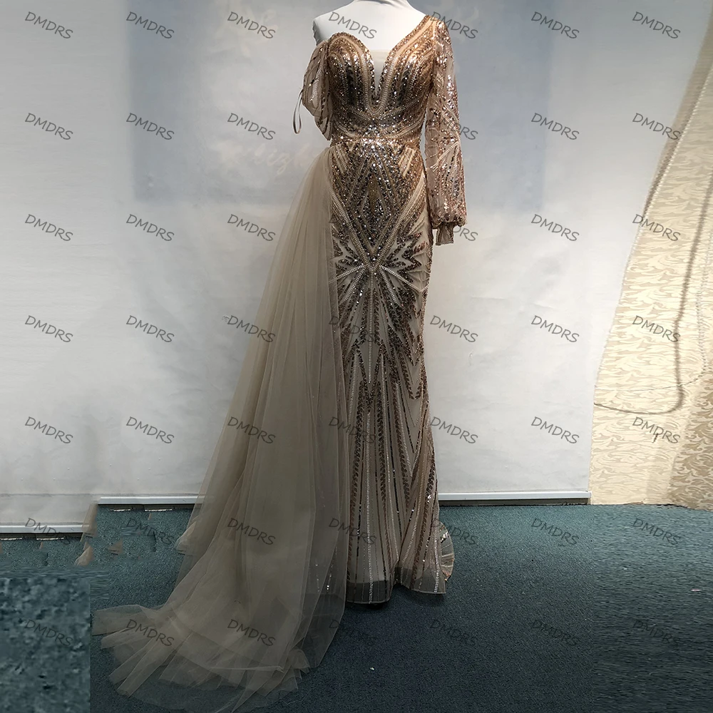 

Elegant One-Shoulder Evening Dress Tulle Beading Sweetheart Neck Dresses For Women Sweep Train Detachable Train Gown Real Pic