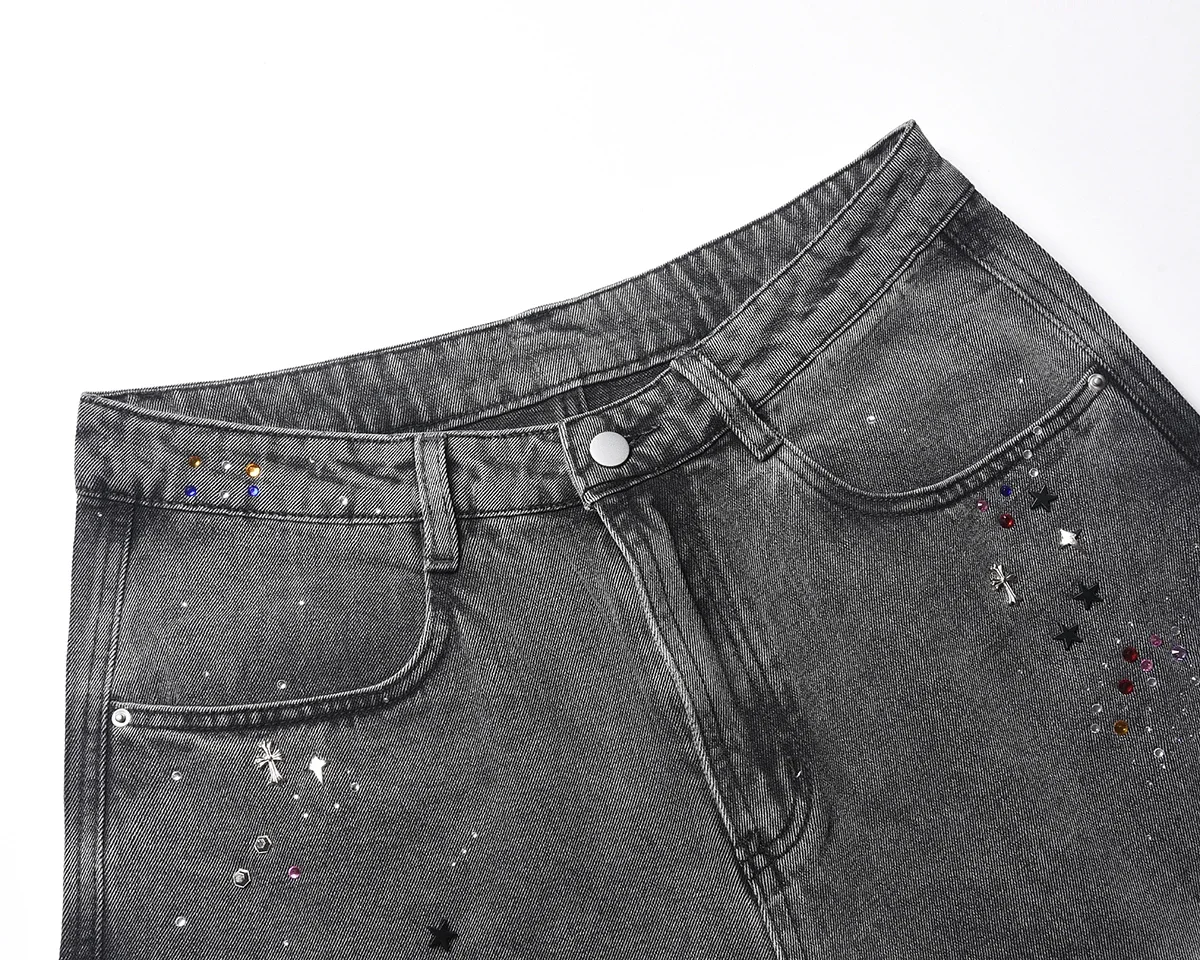 Vintage Color Rhinestone Print Washed Gray Baggy Jeans Shorts for Men Straight Casual Harajuku Loose Denim Trousers Oversized